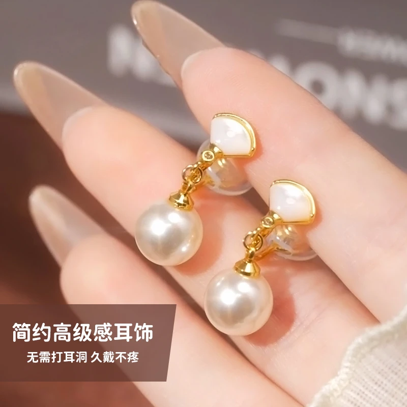 铜合金耳饰 镀真金天然贝壳精致显瘦气质高级百搭蚊香盘耳夹轻奢