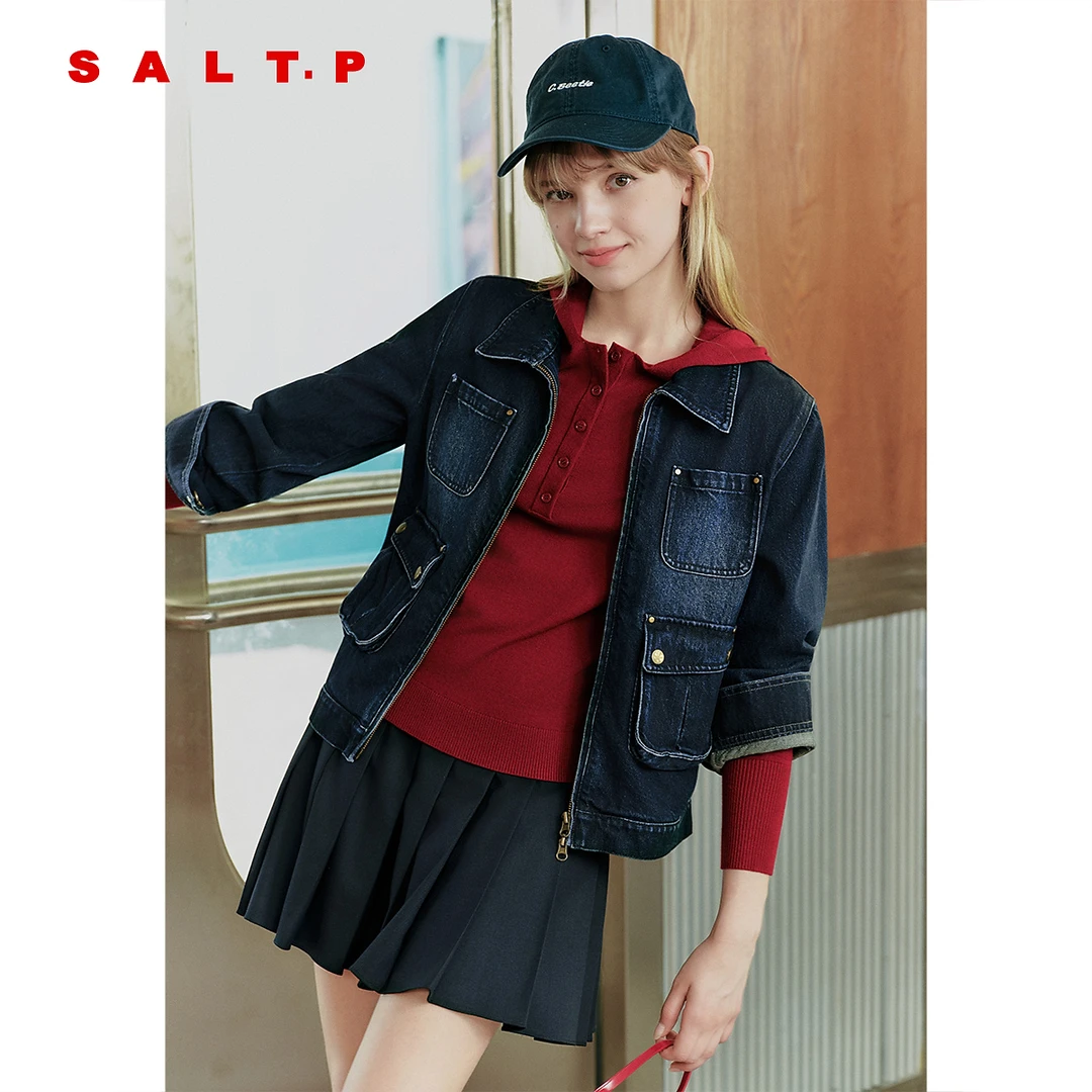 SALT.P可颜新款外套复古深蓝H型牛仔外套2025秋季