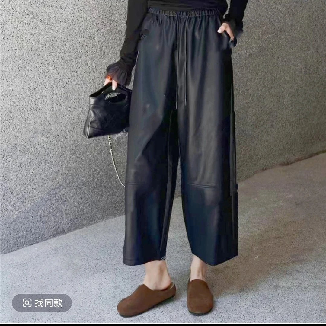 乖乖女装 2025秋季时尚洋气宽松百搭九分皮裤