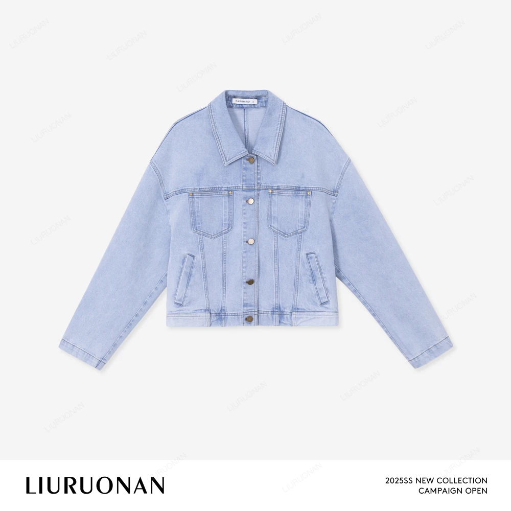 LIURUONAN 25SS 【弯刀袖牛仔外套】蓝色复古小众翻领宽松薄款上衣