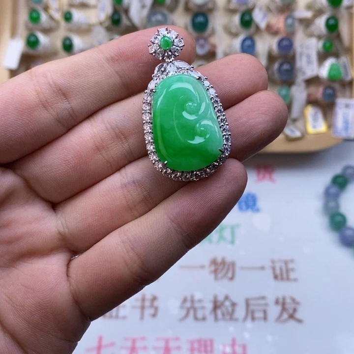 翡翠戒指银S925镶嵌天然缅甸翡翠a货