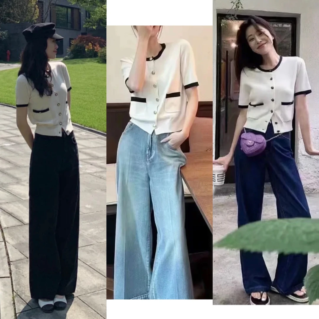 水～夏季新款圆领小香风简约拼接设计短袖针织开衫女上衣