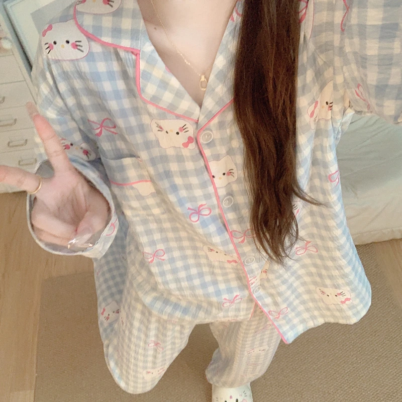 ins格子长袖亲肤棉纱睡衣女2025新款春秋季卡通kitty家居服套装夏