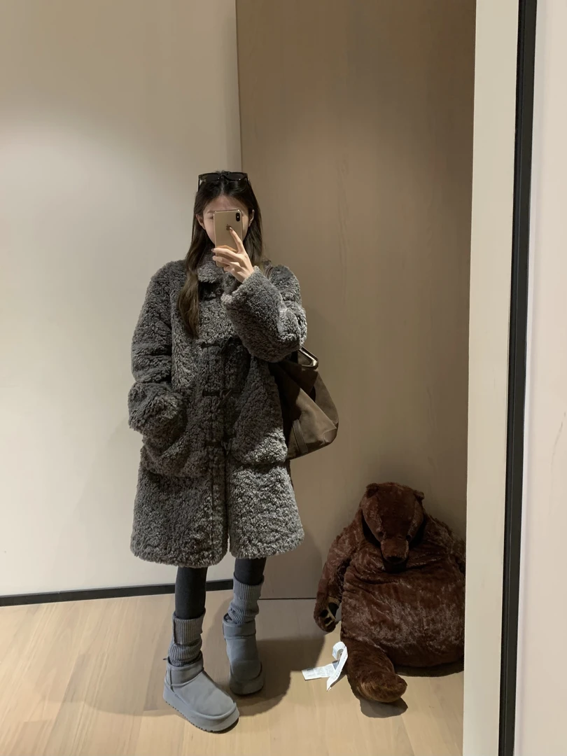 【现货】雾霾浅灰色中长款冬季糕糕毛外套98932