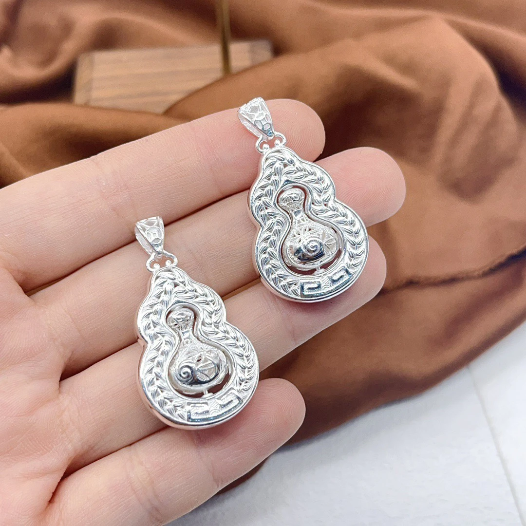 吊坠足银 足银999葫芦吊坠缕空花丝可转动气质双面民族风精美吊坠