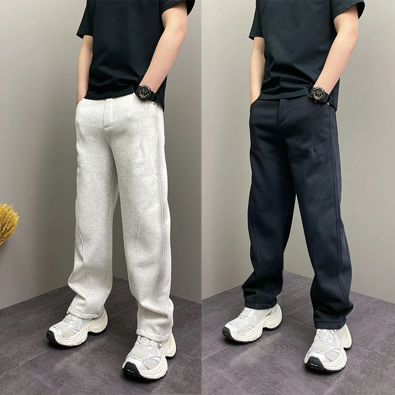 2026年冬季新款加绒加厚潮流韩版高街纯色直筒休闲运动阔腿卫裤子