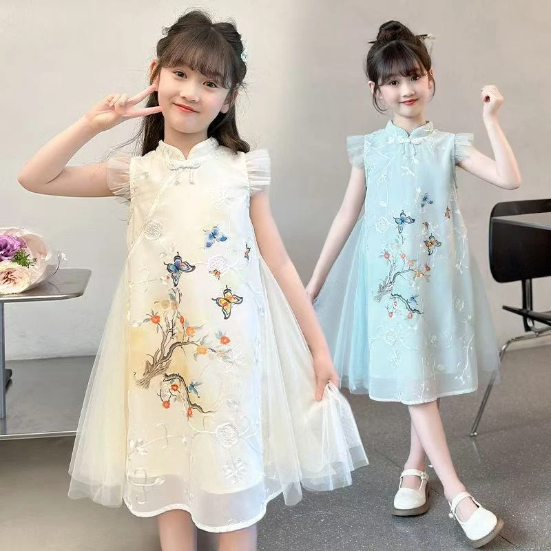 夏季古风女童飞飞袖凉爽复古自带气质提花网纱儿童夏装旗袍连衣裙