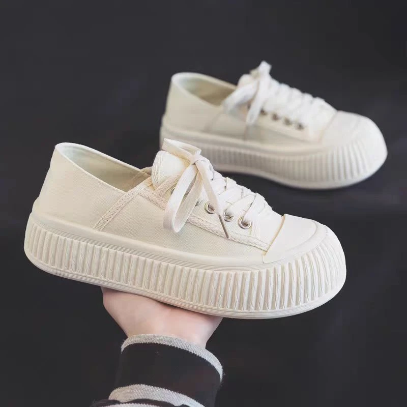 2333 白色奶盖松糕鞋女春季新款百搭帆布鞋厚底增高低帮饼干女鞋