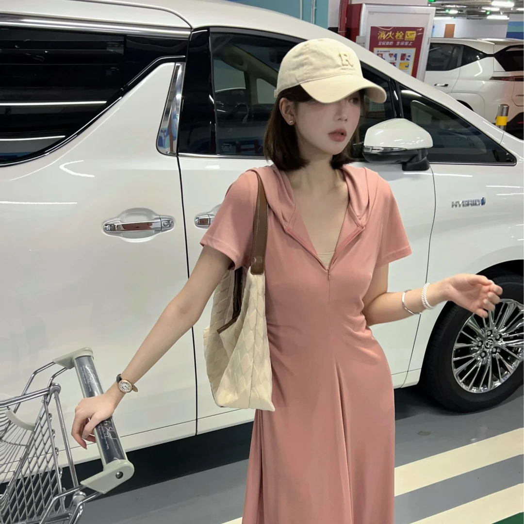 【芝士Cheese】伦敦假日 夏季方领连帽开叉气质时尚收腰显瘦连衣裙