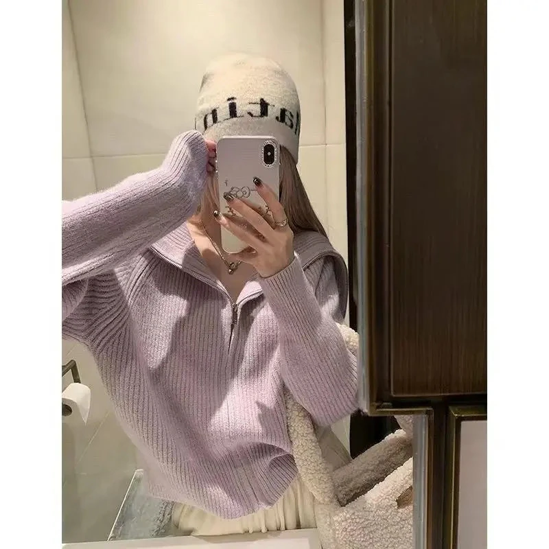 大码女装2025秋冬女设计感小众百搭慵懒风休闲风针织毛衣外套胖mm