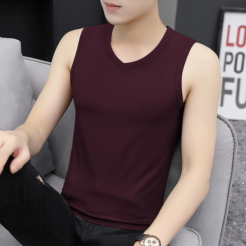 本命年红色冰丝男士背心夏季莫代尔棉v领透气运动无袖t恤坎肩汗衫
