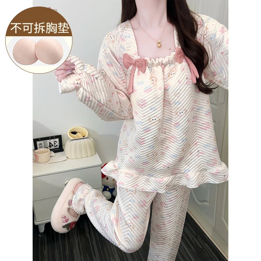 空气棉睡衣带胸垫女款春秋季可爱风饼饼少女可外穿家居服套装冬