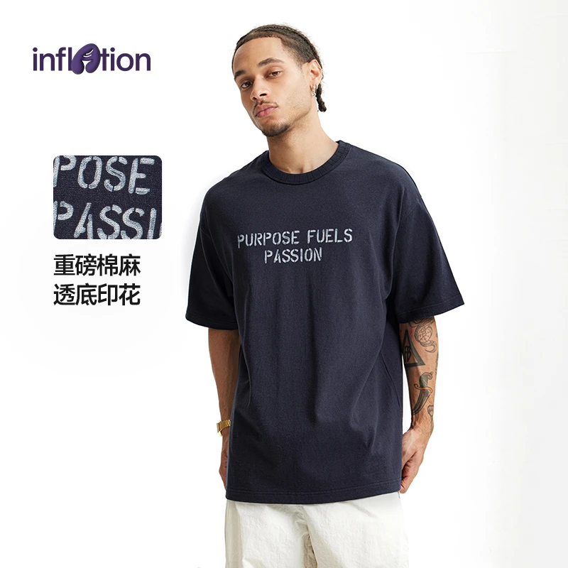 膨胀潮牌重磅麻棉字母印花T恤2025春夏潮牌新品街头宽松短袖男