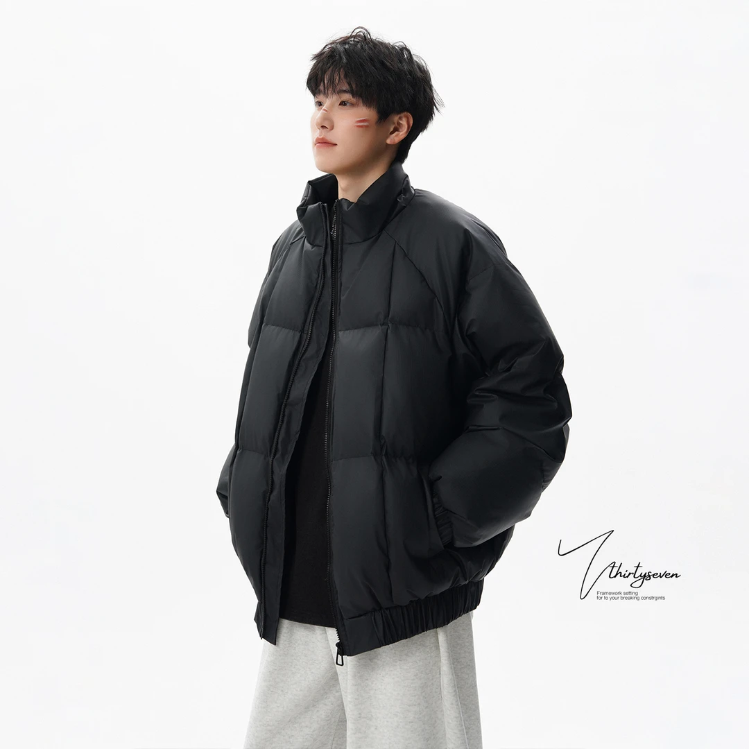 V37美式高级感咖色格子皮棉服外套男秋季潮牌痞帅情侣款立领棉衣