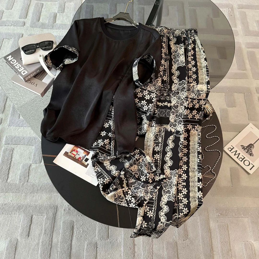 女夏季气质时尚套装复古圆领印花侧开拉链短袖上衣阔腿长裤两件套