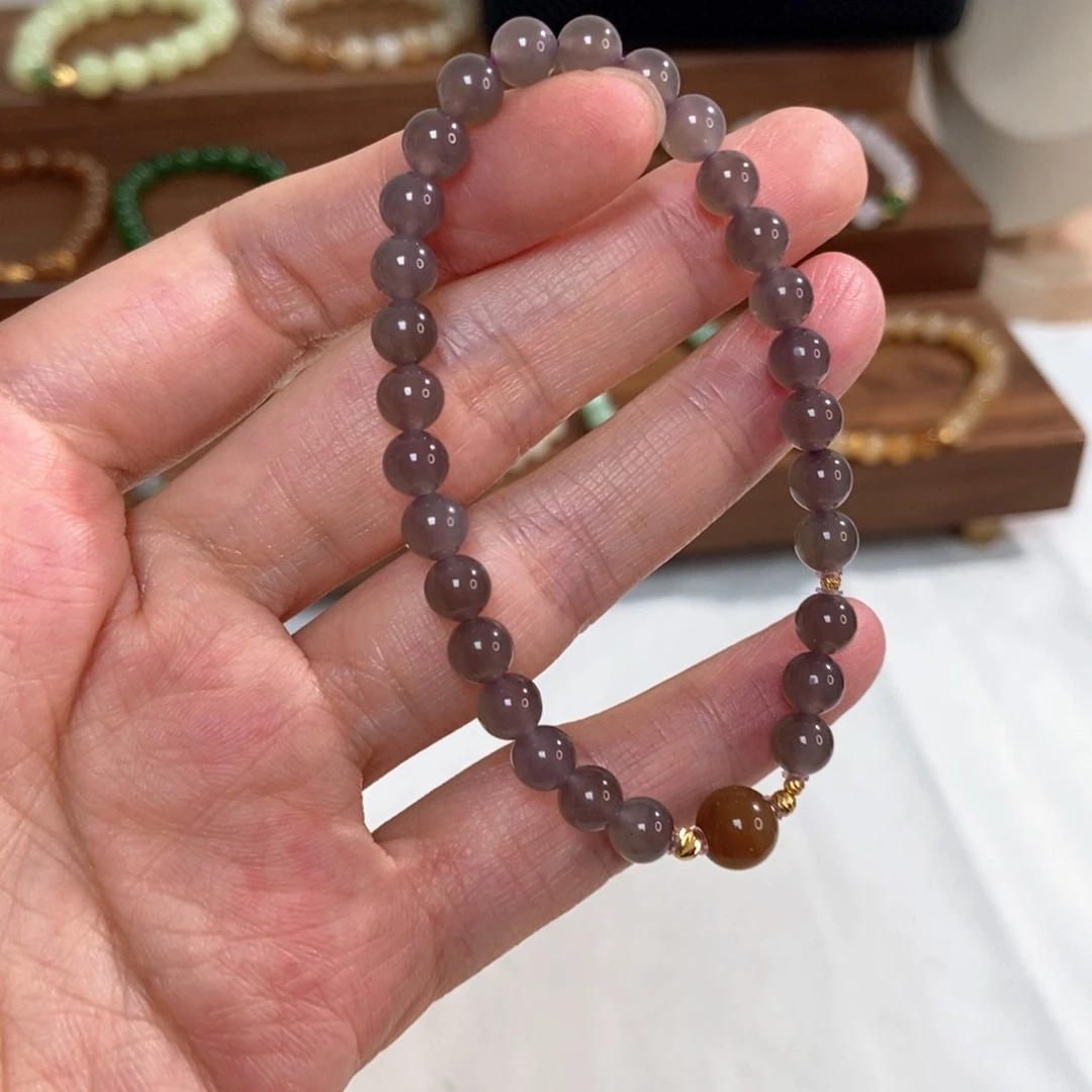 手链18K金镶嵌和田玉6mm深葡萄紫