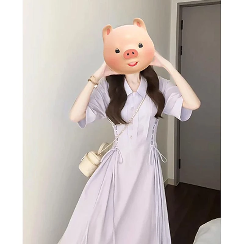 2025夏季韩式新款学院风小众浅紫色高级感连衣裙女御姐风长款裙子