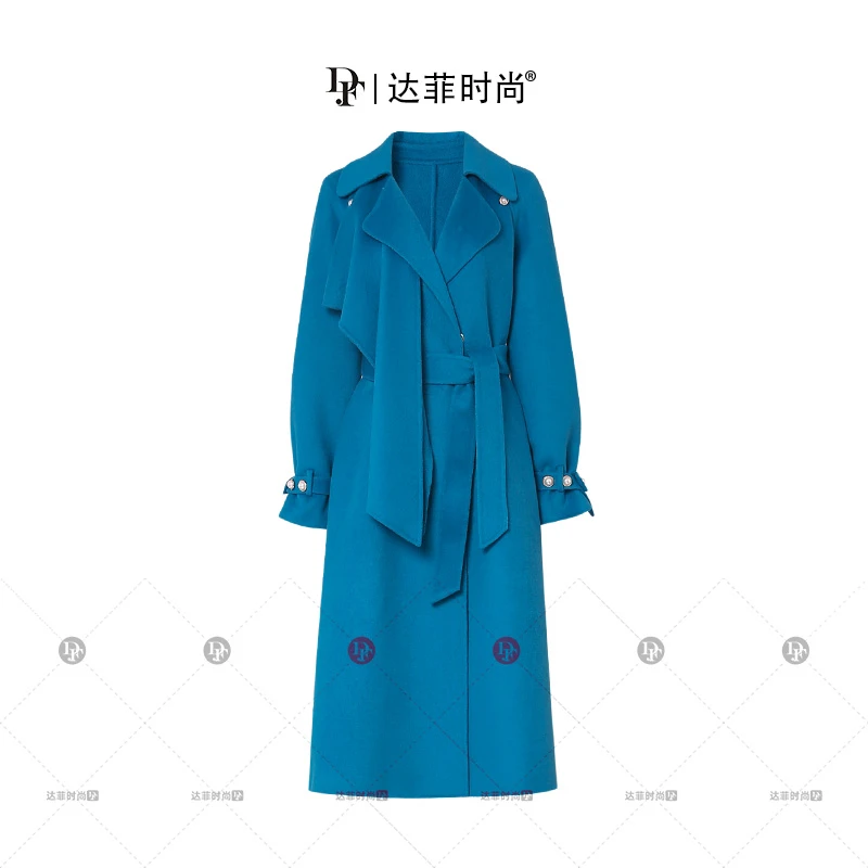 妮-时尚领插肩长袖可拆搭片系带孔雀蓝羊毛双面呢大衣QC28819