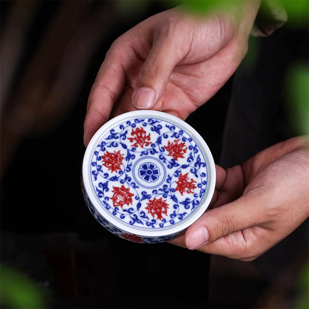 景德镇手工手作釉下彩青花釉里红缠枝莲高端茶具杯垫盖置