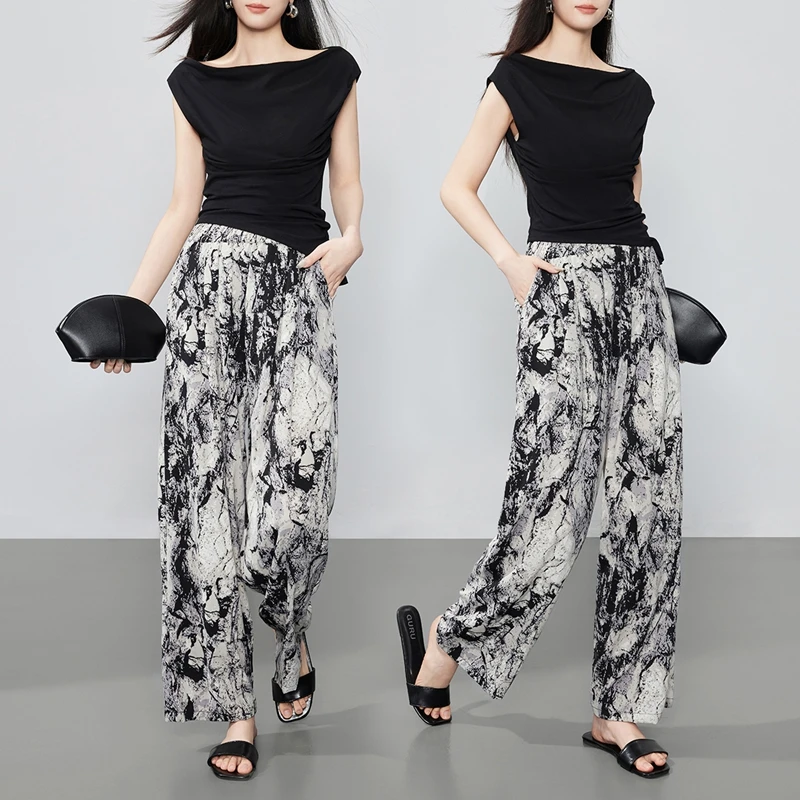 柒尺帛2025夏装新女士松紧高腰宽松垂感印花休闲裤Q52X0054K