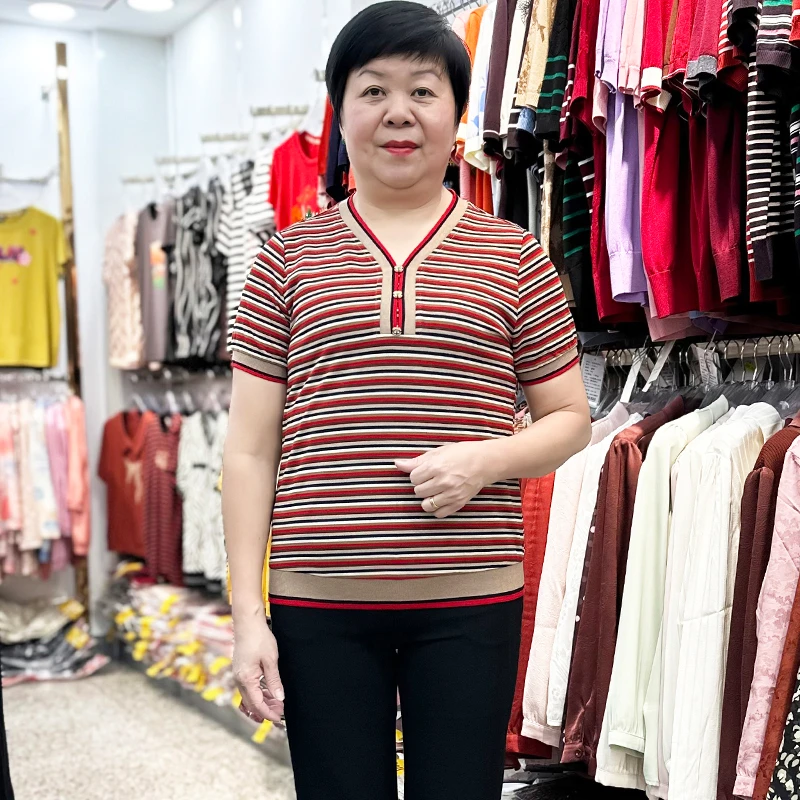 时尚夏装条纹短袖T恤女妈妈装弹力大码中老年女装洋气妇女上衣服