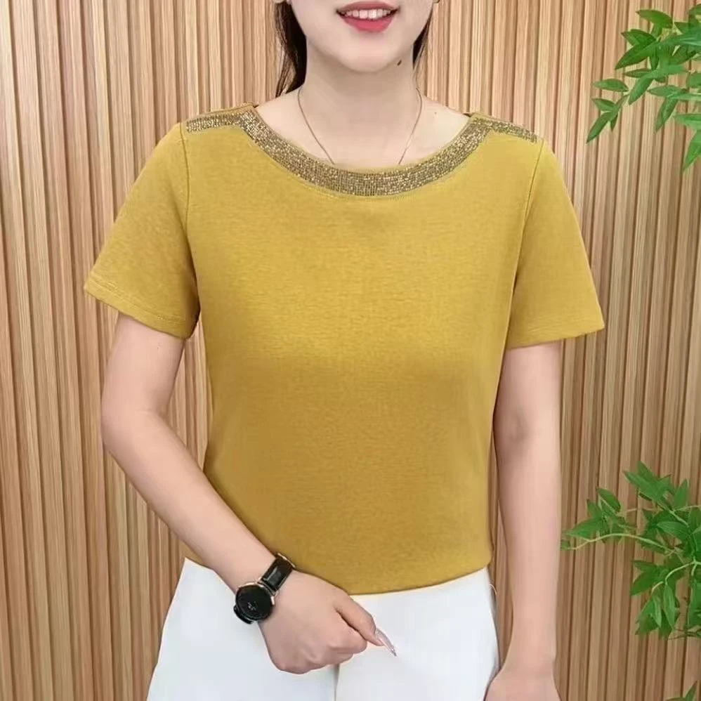 时尚百搭短袖夏季新款女士烫钻T恤大码纯色时尚修身圆领上衣