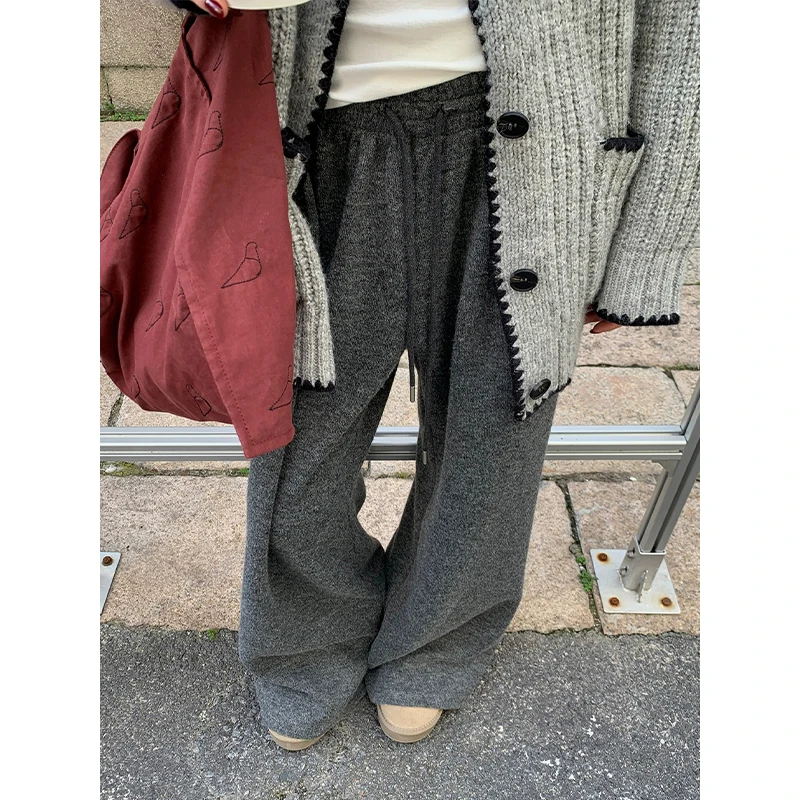 耶古bf风深灰色软糯阔腿裤女秋冬季高腰抽绳卫裤宽松显瘦糯米长裤