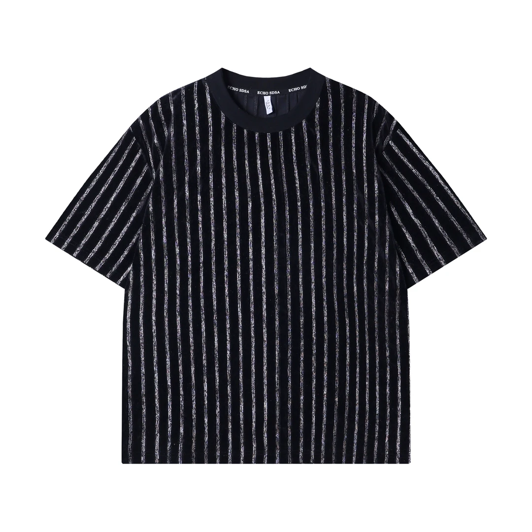 夏新款时尚个性韩版撞色竖纹印花圆领短袖T恤小众设计百搭休闲