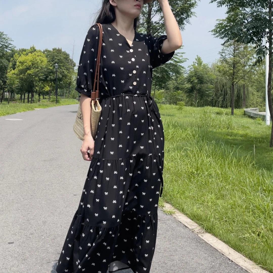 （断码特价）6686#棉绸连衣裙单排扣百搭V领连衣裙碎花显瘦气质