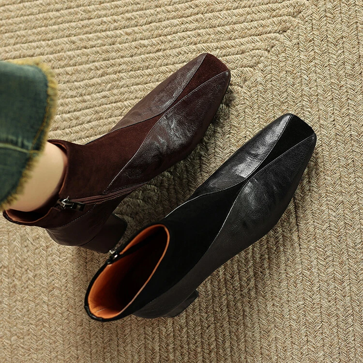 6cm~老钱风拼接粗跟方头简约百搭短靴女2025秋冬新款轻奢复古短靴