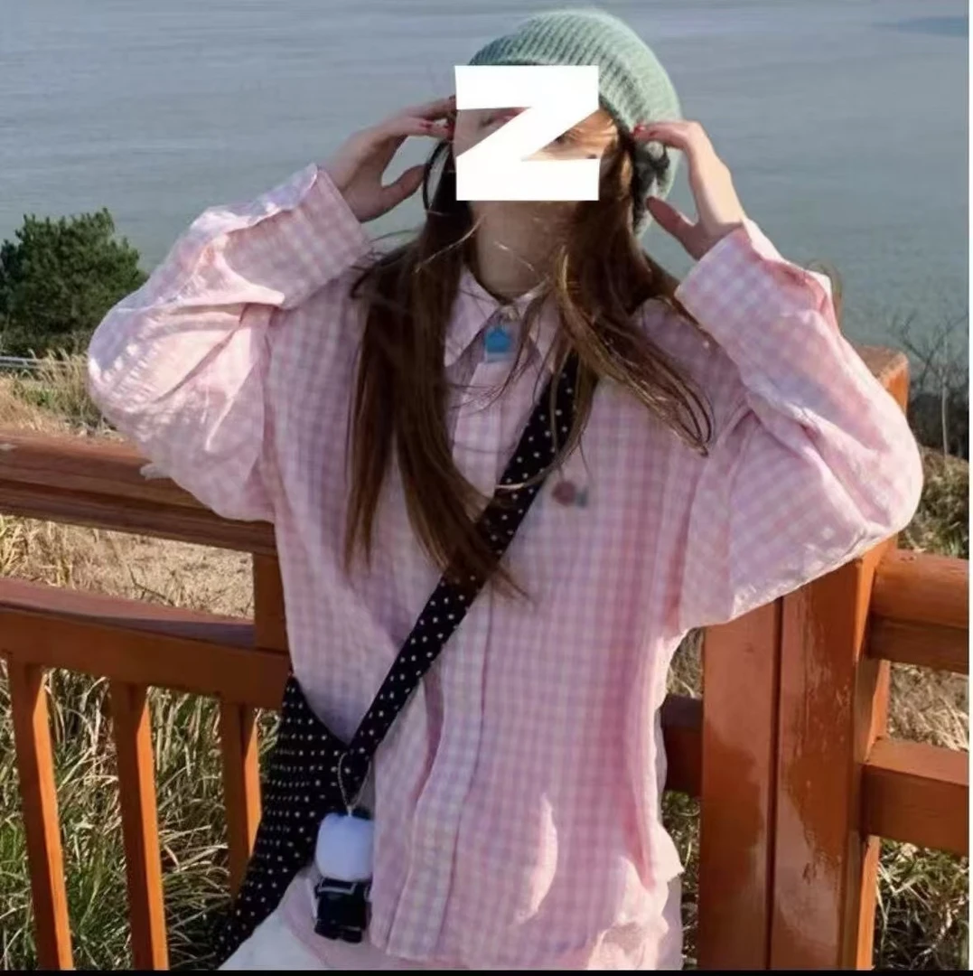 【假两件】粉色多巴胺格子长袖衬衫女2025春季韩系甜美慵懒风外套