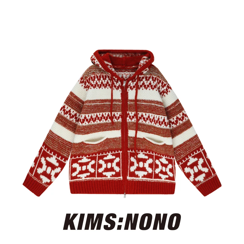 RAKS124005时尚连帽撞色毛针织开衫女2025年冬季拉链雪花提花毛衣