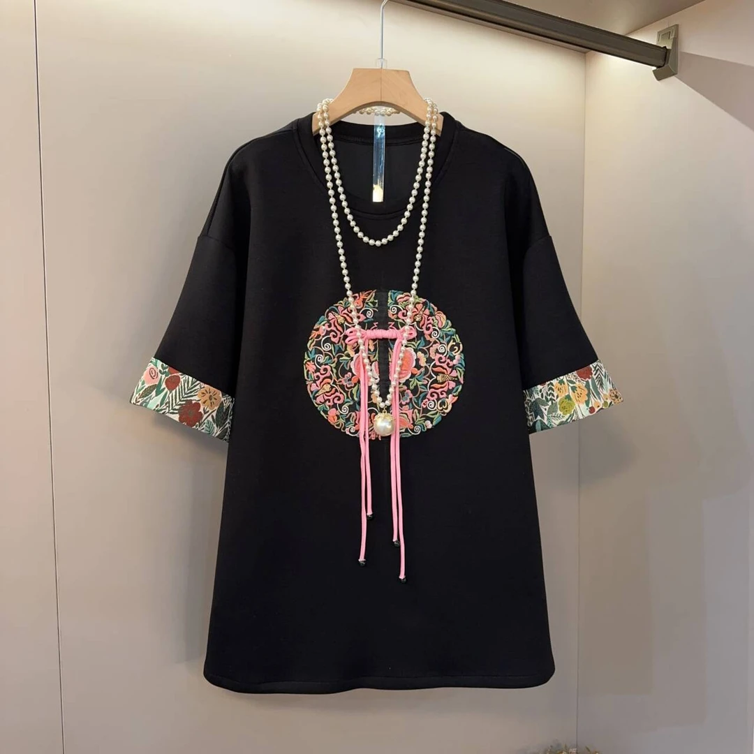 新中式大码短袖T恤女2025新款爆款国风刺绣体恤宽松上衣长76