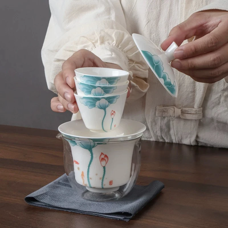 渔戏荷花便携式旅行茶具陶瓷功夫茶杯盖碗套装JK0033