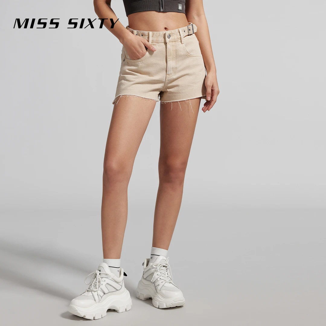 Miss Sixty夏季新款牛仔短裤女复古磨边卡其镂空性感百搭休闲