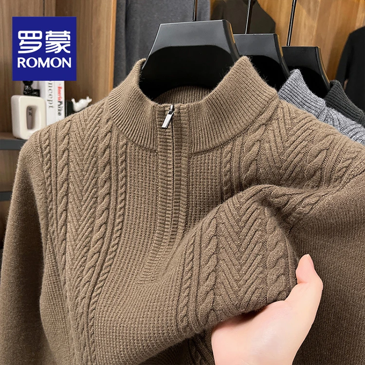 Romon/罗蒙秋冬高端针织衫厚款粗毛线男士半拉链立领冬季打底衫