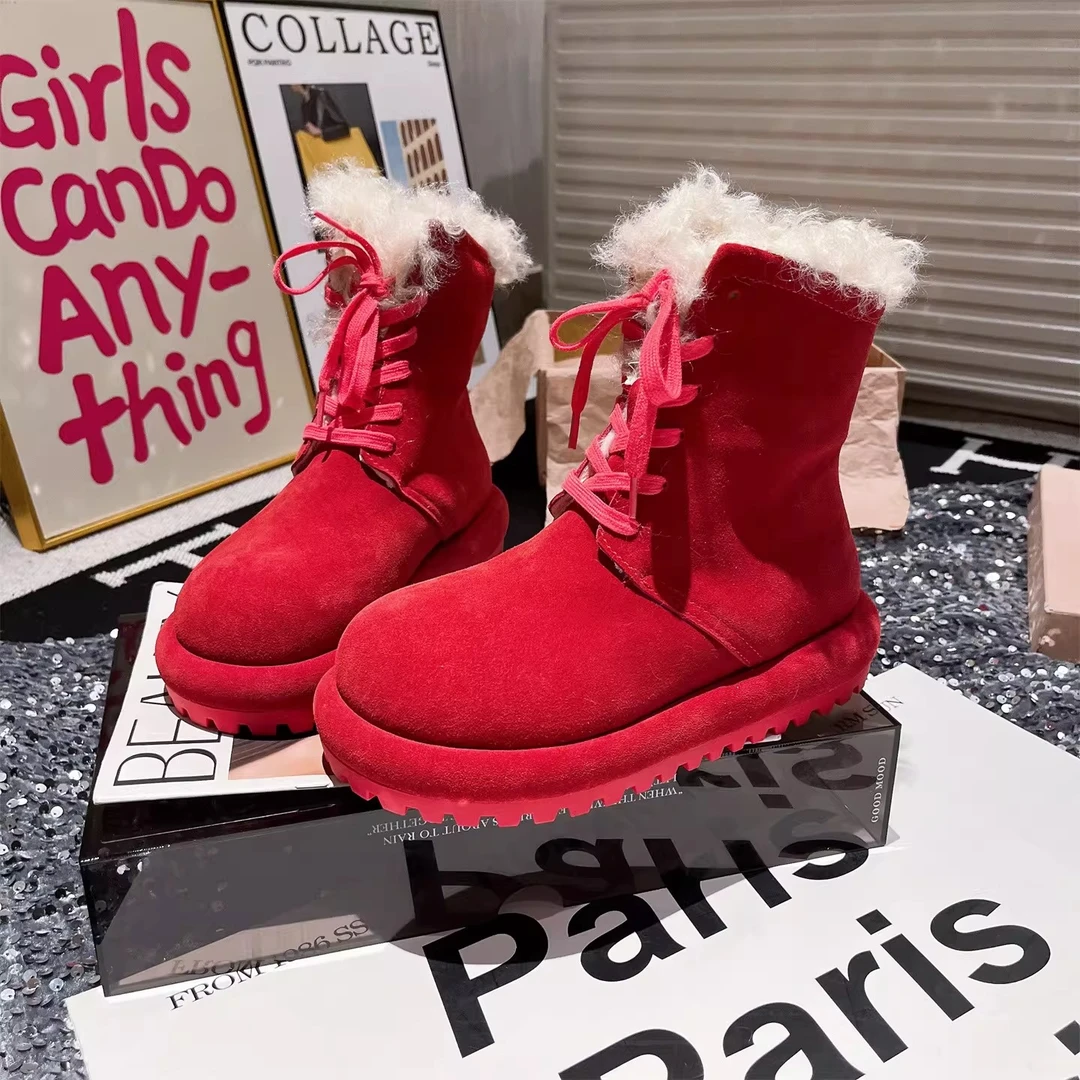 洋气新年红~欧货系带翻领卷卷毛毛鞋大头两穿勃肯鞋雪地棉靴女鞋