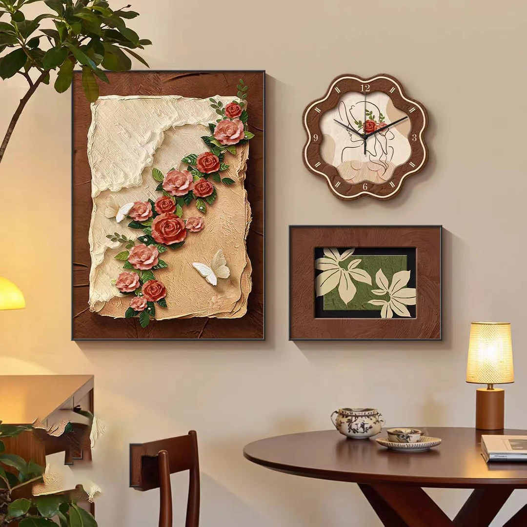 H039法式中古风餐厅装饰画肌理玫瑰壁画复古高级感餐桌挂画钟表画