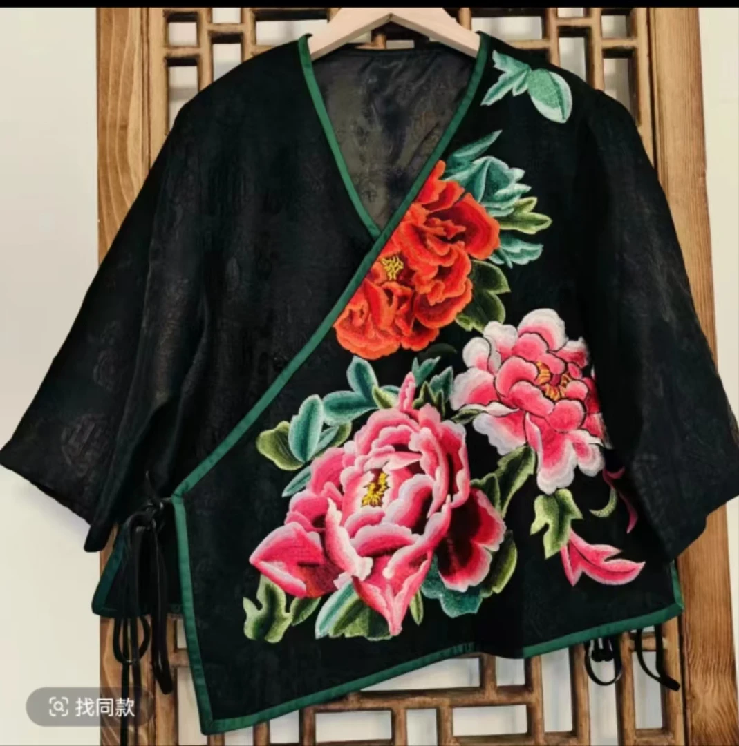 凤徕兮私人定制黑底牡丹刺绣斜襟系带短上衣HY101045