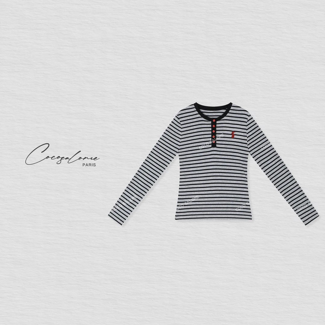 韩彬彬"牧马条纹"220g条纹纽扣弹力长袖081Y-15