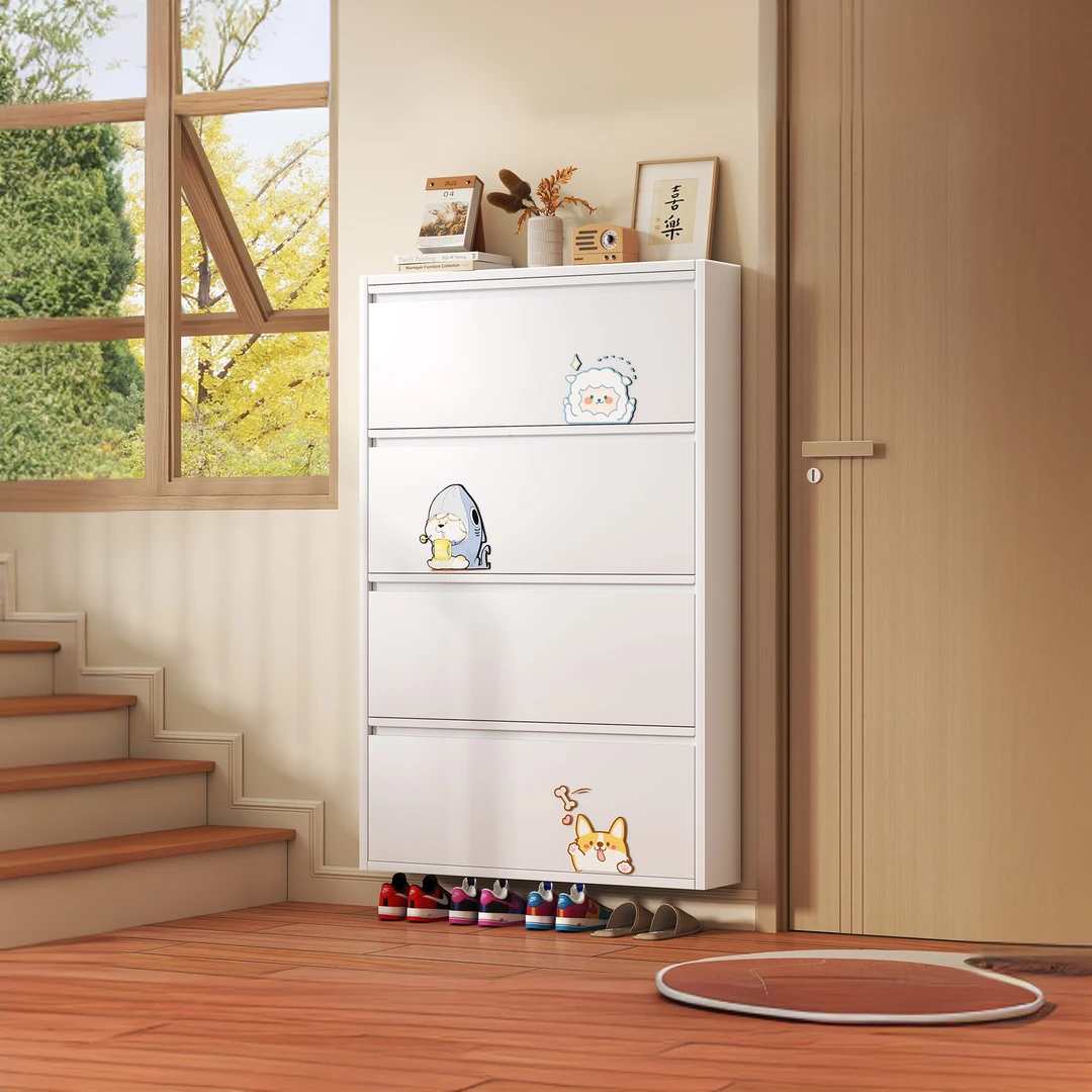 10cm超薄鞋柜吊柜悬空家用门口大容量奶油风简约现代翻斗柜玄关柜