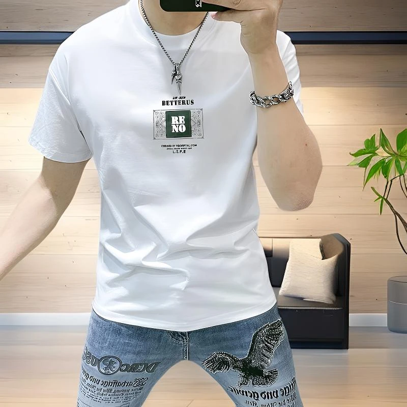 正品男士T恤短袖欧洲站修身纯棉衣服男潮流时尚印花圆领休闲上衣