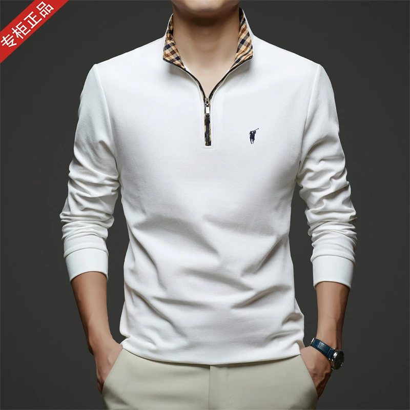 专柜正品欧洲站英伦长袖T恤POLO衫男商务休闲纯棉半高领拉链上衣