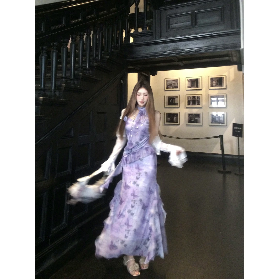 紫色蝴蝶印花长款挂脖连衣裙荷叶边裙子QL77294