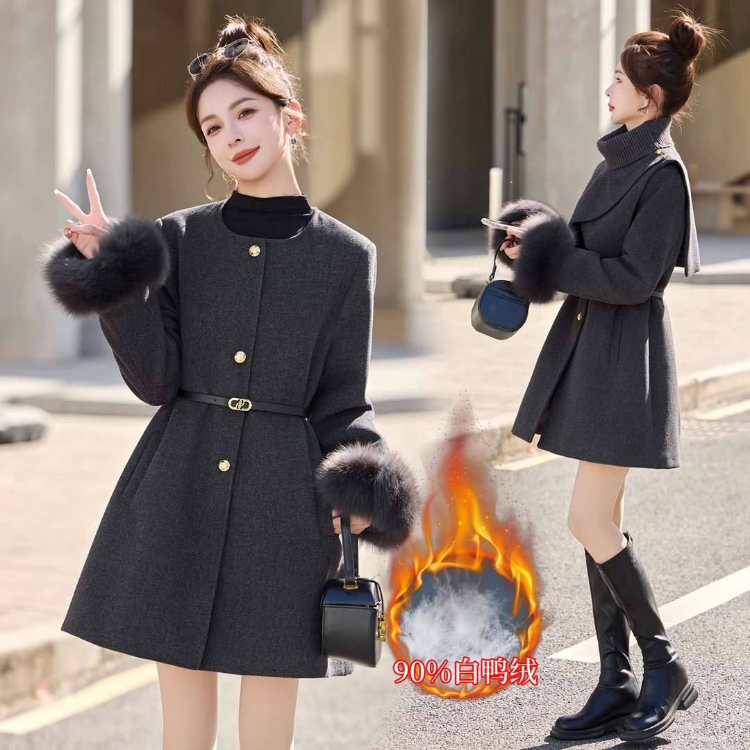 2025冬季新款针织披肩小香风羽绒服女中长款收腰加厚毛呢大衣外套