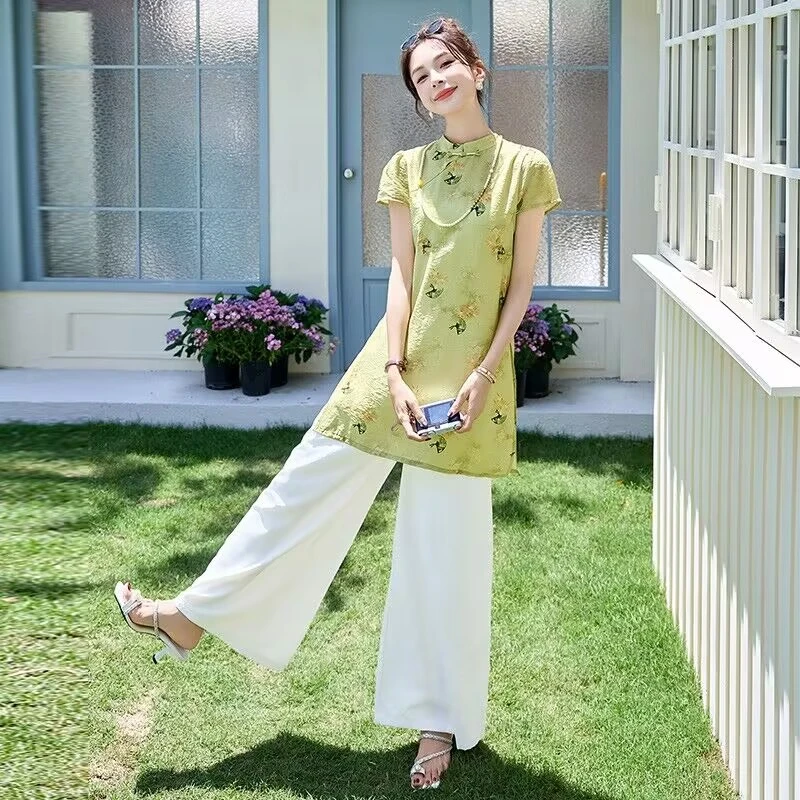 新中式国风夏季宽松法式时尚裙子阔腿时尚印花复古套装新国风上衣