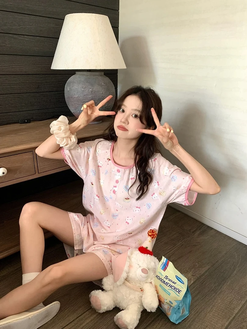 甜美可爱卡通猫咪睡衣女圆领夏季2025新款短袖可外穿家居服套装薄