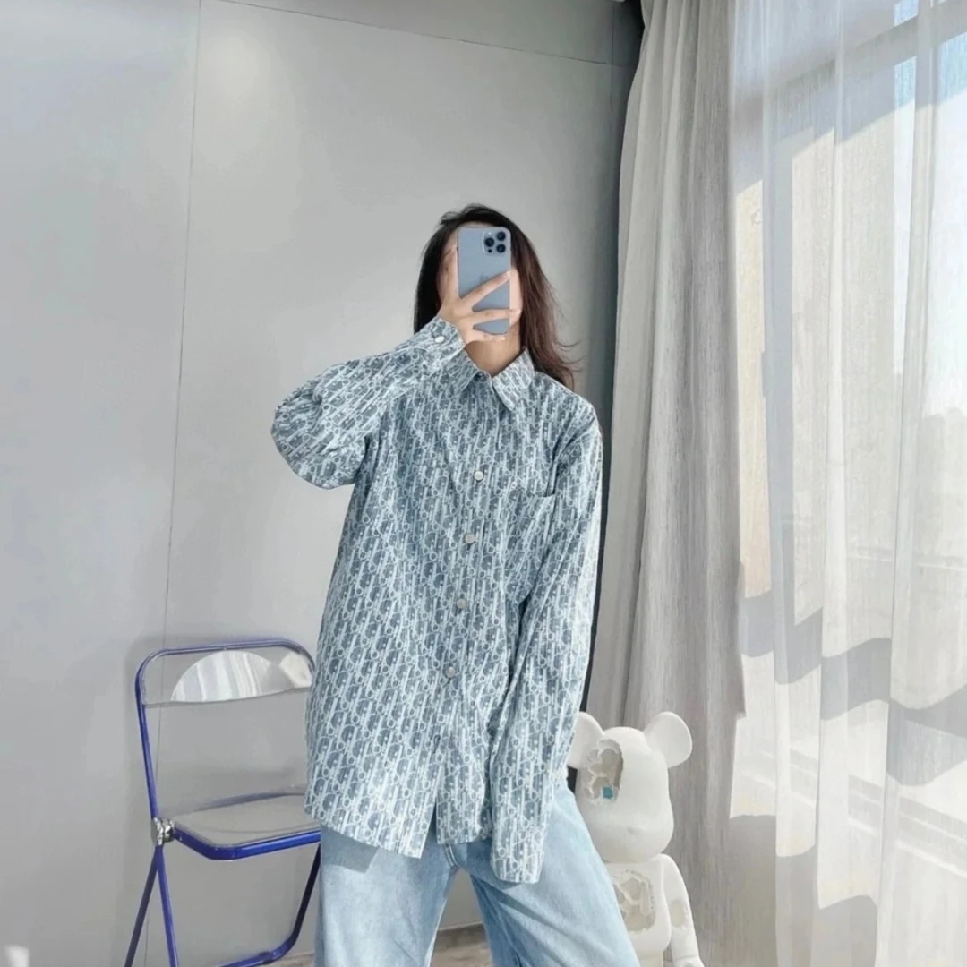 99新 DIOR/迪奥 logo老花满印翻领蓝色牛仔夹克外套 37码 017647