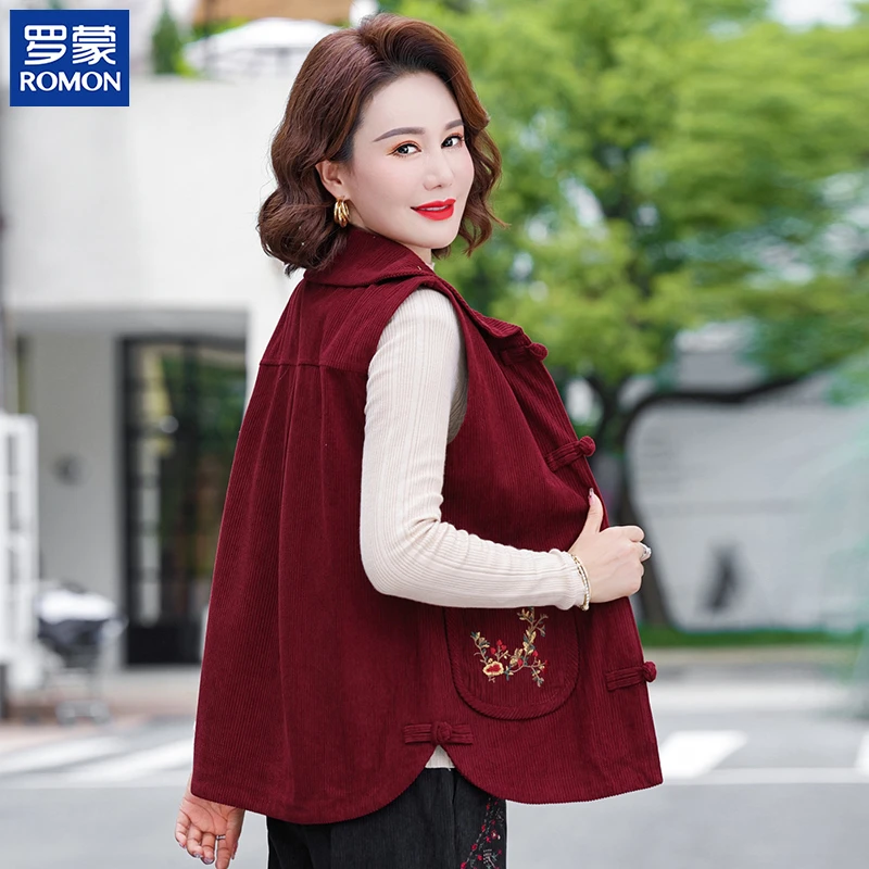 罗蒙洋气妈妈秋装新款套装中老年女灯芯绒马甲中年秋季时尚两件套