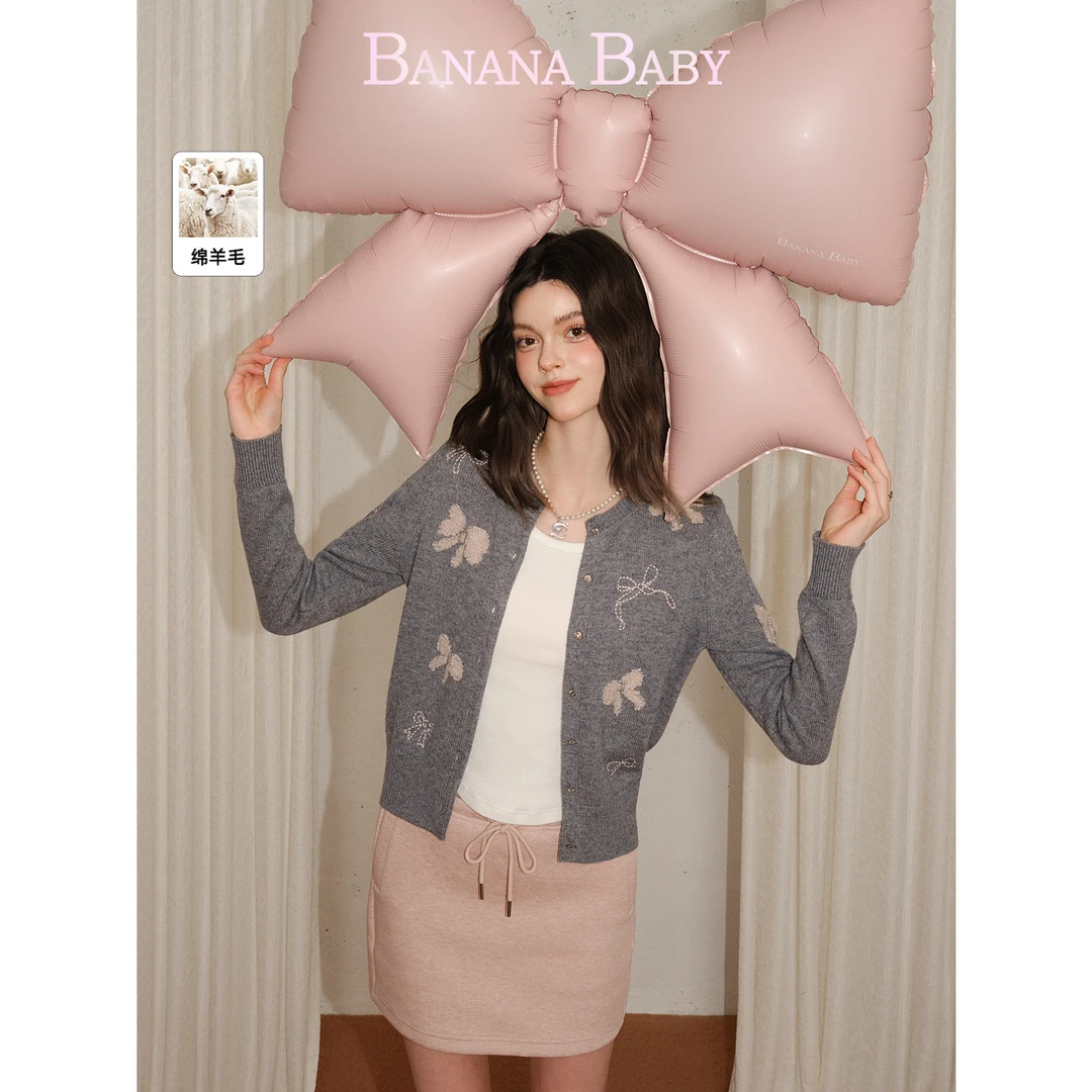 【绵羊毛】BANANA BABY2026年春新款蝴蝶结提花刺绣针织衫A2S1MY019